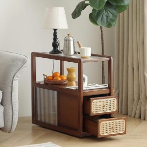 table, side, nightstand, rattan, bamboo, bedside, modern, small, living, room, furlide, storage, glass, mid, century